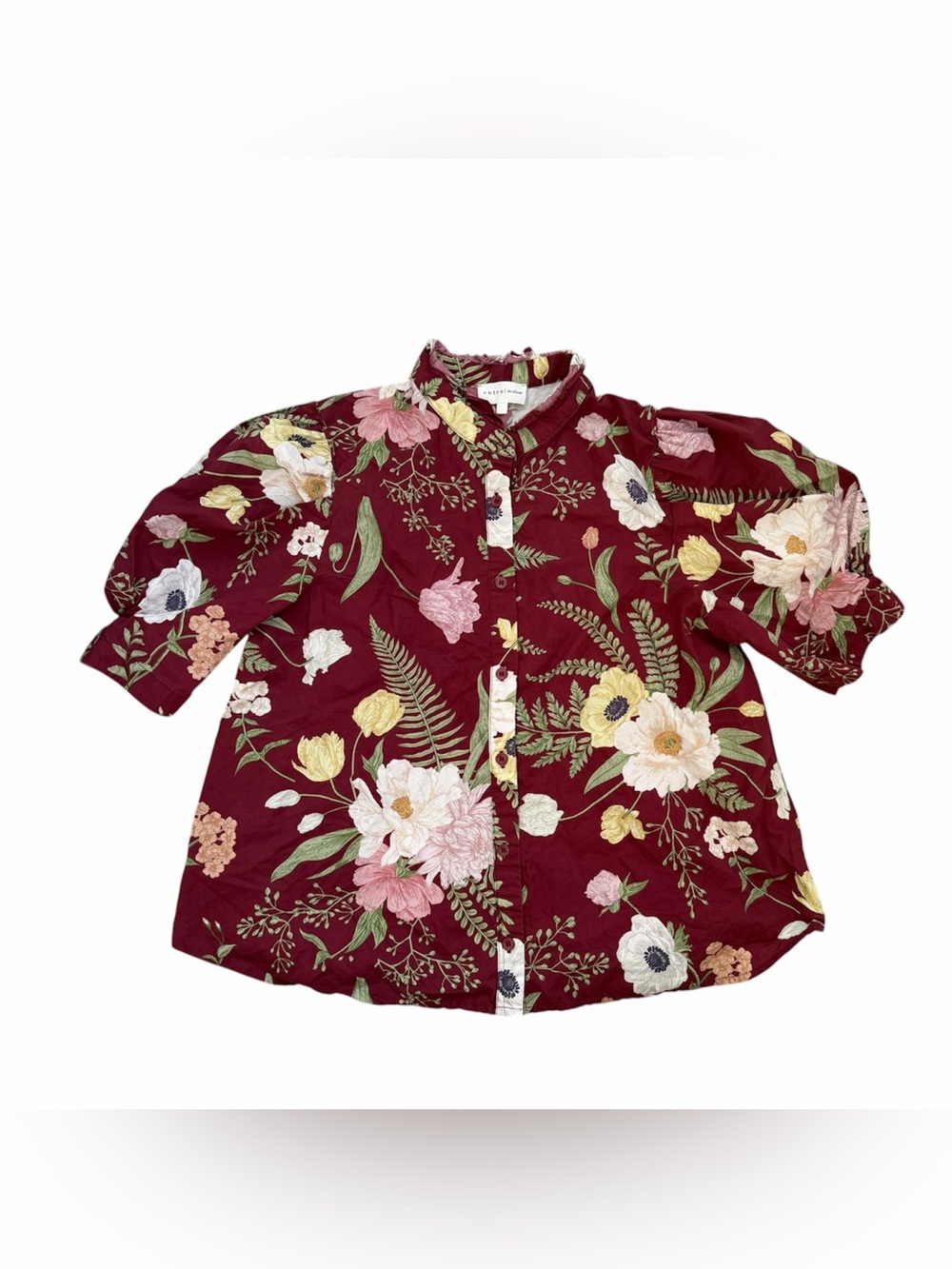 Entro floral puff sleeve button up top blouse